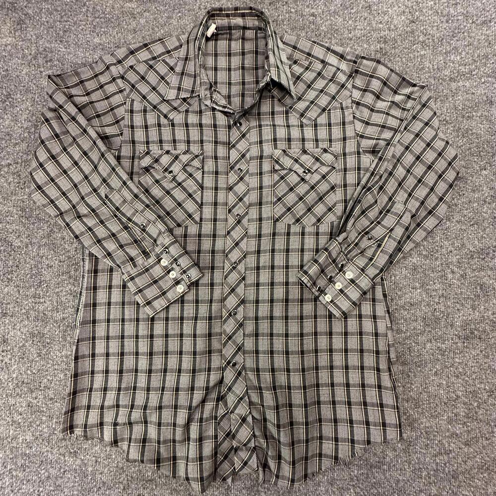 Vintage Mens Plaid Western Pearl Snap Shirt Grey Tan Raw Hem 16.5 x 33 XL‎ #579